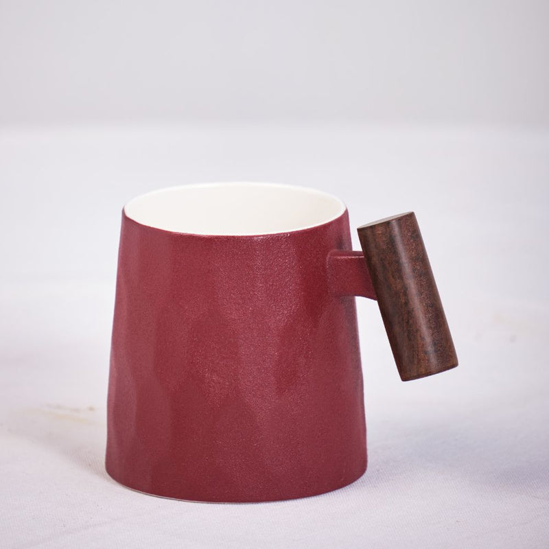 Burgundy Coffee Mug With Wooden Handle