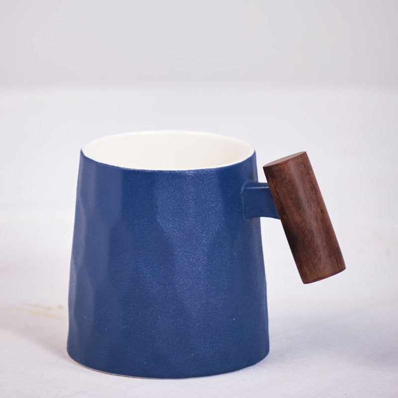 Navy Blue Coffee Mug With Wooden Handle