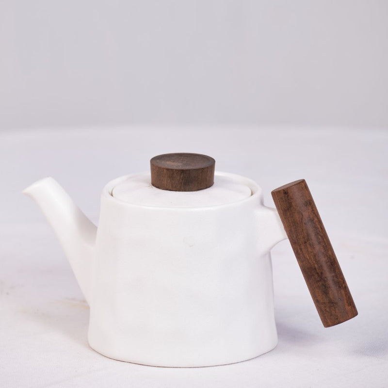 White Tea Pot With Wooden Handle