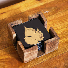 Black and Gold Maple Leaf Glass Coasters - Set of 6