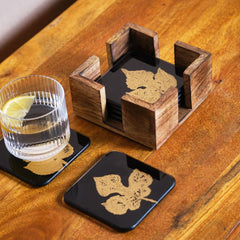 Black and Gold Maple Leaf Glass Coasters - Set of 6